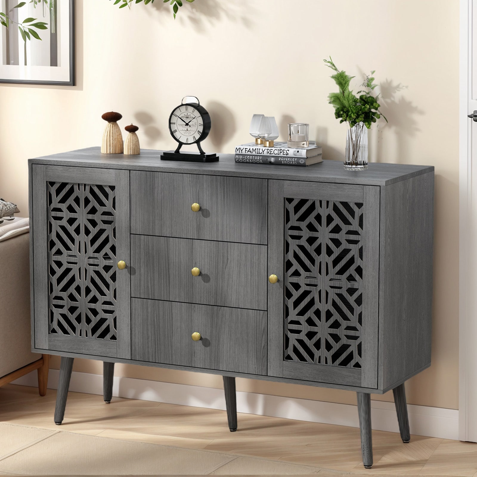 Accent Cabinet With Drawers And 2 Doors, Retro Hollow Carved Buffet Cabinet, Sideboard With Storage, Credenza For Living Room, Kitchen, Dinning Room, Hallway_voghion.com